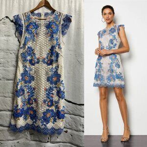 KAREN MILLEN Floral Lace Sheath Dress Special Occassion Wedding Blue‎ Orange Tan
